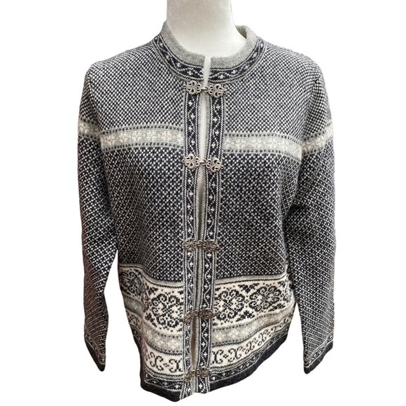 Vintage Skyr Nordic 100% wool cardigan sweater pewter frog clasps fair isle Sz M - Picture 4 of 10